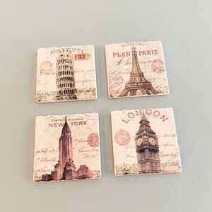 Vintage Sephia Tone City Coasters. Paris, London, New York, and Pisa. Set of 4.